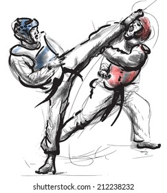 An hand drawn converted vector (in calligraphic) style from series Martial Arts: TAEKWON-DO (is a Korean martial art. It combines combat and self-defense techniques with sport and exercise).