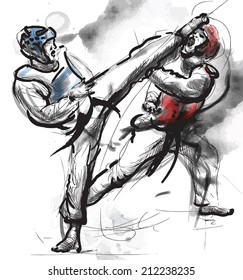 An hand drawn converted vector (in calligraphic and grunge) style from series Martial Arts: TAEKWON-DO (is a Korean martial art. It combines combat and self-defense techniques with sport and exercise)