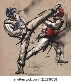 An hand drawn converted vector (in calligraphic and grunge) style from series Martial Arts: TAEKWON-DO (is a Korean martial art. It combines combat and self-defense techniques with sport and exercise)