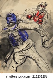 An hand drawn converted vector (in calligraphic and grunge) style from series Martial Arts: TAEKWON-DO (is a Korean martial art. It combines combat and self-defense techniques with sport and exercise)