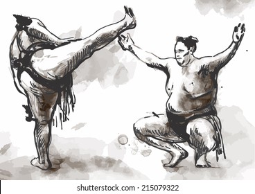 An hand drawn (converted) vector from series Martial Arts: SUMO. Sumo is a competitive full-contact wrestling sport originated in Japan, the only country where it is practiced professionally.