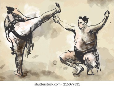 An hand drawn (converted) vector from series Martial Arts: SUMO. Sumo is a competitive full-contact wrestling sport originated in Japan, the only country where it is practiced professionally.