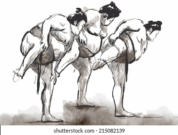 An hand drawn (converted) vector from series Martial Arts: SUMO. Sumo is a competitive full-contact wrestling sport originated in Japan, the only country where it is practiced professionally.