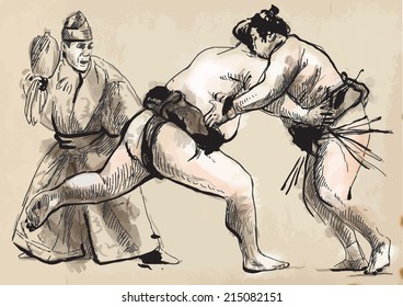 An hand drawn (converted) vector from series Martial Arts: SUMO. Sumo is a competitive full-contact wrestling sport originated in Japan, the only country where it is practiced professionally.