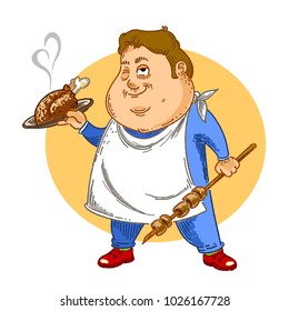 Hand Drawn Cook holding Roasted Turkey in one Hand and Grill in other Hand. Funny Vector Illustration.