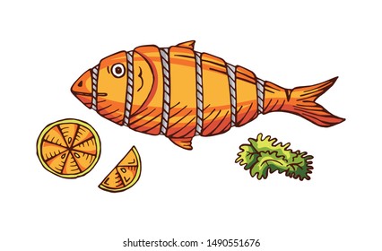 hand drawn cooked fish with lemon color vector illustration, sea food