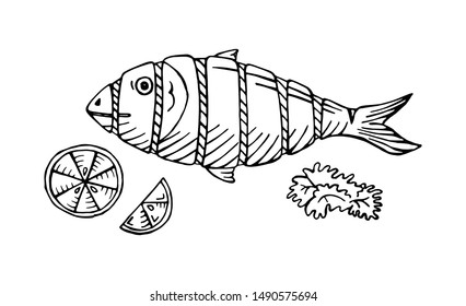 hand drawn cooked fish with lemon vector illustration, sea food