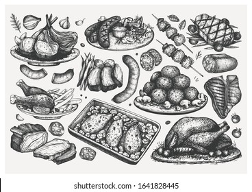 Hand Drawn Cooked Meat Dishes Sketches Set. Vintage Food Illustrations Collection. Engraved Style Meat Products, Steaks, Sausages, Spices Vector Drawings. Bar Or Restaurant Menu Design Elements.