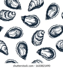 Hand drawn cooked oyster shells seamless pattern. Vector package, banner, cover, wrapping paper template design elements. Realistic oysters top view background. Seafood backdrop.