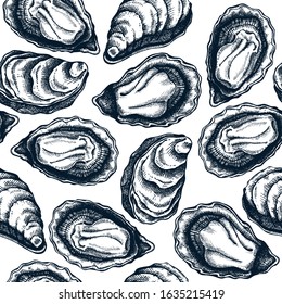 Hand drawn cooked oyster shells seamless pattern. Vector package, banner, cover, wrapping paper design elements. Realistic oysters top view seafood background. Edible marine mollusks backdrop.