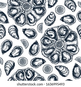 Hand drawn cooked oysters on platter with lemons seamless pattern. Vector package, banner, wrapping paper design with retro seafood elements. Realistic shellfish- oysters top view background.