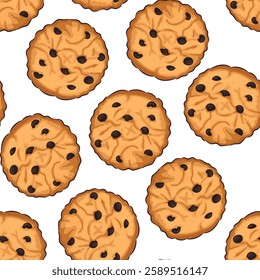 Hand drawn cookie with chocolate drops seamless pattern