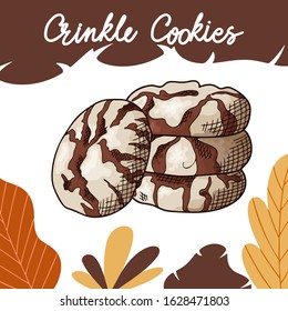 Hand Drawn Cookie In Color On White Background. Crinkle Cookies. Delicious Food Design. Vector Illustration