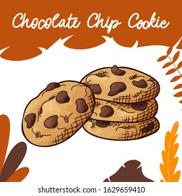 Hand drawn cookie in color on white background. Chocolate chip cookies. Delicious food design. Vector illustration