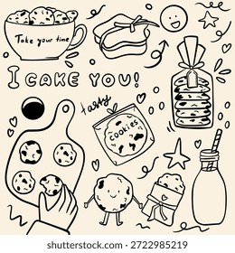Dibujado a mano de galletas y leche Doodle Colección, bocadillos de postre lindo, ilustración de estilo de boceto de comida de panadería