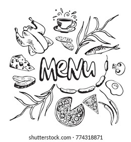 Hand drawn Cooking decorative elements set. Typography poster. Vector sketch illustration with kitchen tasty food. Icon and label for design menu restaurant or cafe. 