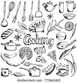 Hand drawn Cooking decorative icons set. Vector sketch illustration with kitchen utensils, vegetables, food, kitchenware. Doodle elements.
