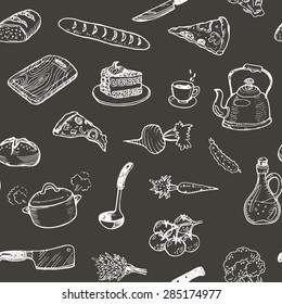 Hand drawn cooking doodle set texture. Seamless pattern with kitchen utensils and food on a black chalkboard.