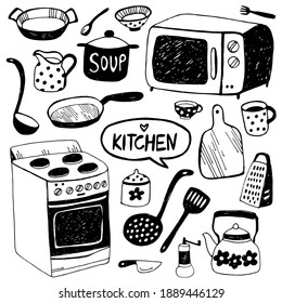 Juego de iconos de cocina dibujados a mano. Ilustración del doodle vectorial, garabatos de cocina. Chimenea, horno microondas, vajilla, tetera, tabla de cortar, rallador.