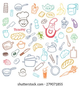 Hand drawn cooking and kitchen doodle set.