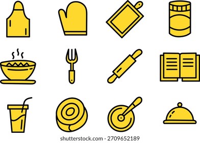 Icono de cocina y cocina dibujado a mano en estilo de línea amarilla para la preparación culinaria y alimentaria