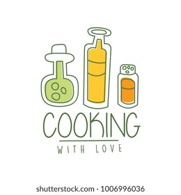 Hand drawn cooking logo original design with soup with vegetables in a pan. Line label for cafe, delivery service, restaurant. Vector on white.