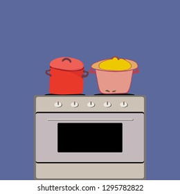 Hand Drawn cooking pots set in kitchen and two pot on hob. Hand drawn flat style vector illustration.