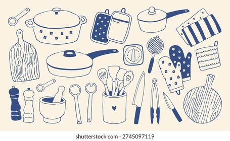 Hand drawn cooking utensils and kitchen tools in minimalist blue outline style. Home cooking vector set with pots, pans, knives and accessories for recipe design and culinary branding