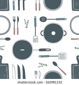 Hand drawn cooking utensils seamless pattern. Wooden cutting board, knife, fork, spoon, plate, pan, pot, spatula set. Cookware, kitchenware, kitchen tools collection. Vector illustration