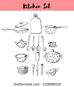 Hand drawn cookware set. Doodle kitchen equipments. Vector illustration.