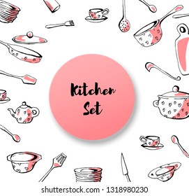 Hand drawn cookware set. Doodle kitchen equipments. Vector illustration.