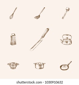 Hand drawn cookware sketches set. Collection of turner, grater, kitchen hammer and other sketch elements.