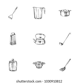 Hand drawn cookware sketches set. Collection of kettle, turner, storage jar and other sketch elements.