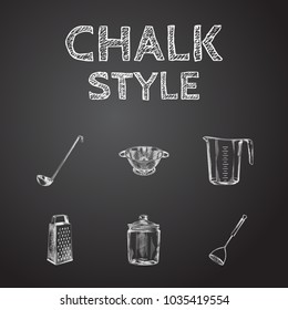 Hand drawn cookware sketches set. Collection of storage jar, measuring cup, potato masher and other sketch elements.