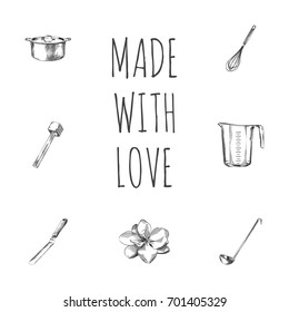 Hand Drawn Cookware Sketches Set. Collection Of Beater, Kitchen Shovel, Meat Tenderizer And Other Sketch Elements.