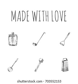 Hand Drawn Cookware Sketches Set. Collection Of Shredder, Meat Tenderizer, Container And Other Sketch Elements.