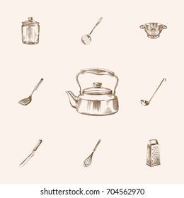 Hand Drawn Cookware Sketches Set. Collection Of Spatula, Beater, Kitchen Shovel And Other Sketch Elements.