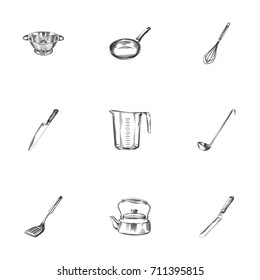 Hand Drawn Cookware Sketches Set. Collection Of Sieve, Kitchen Shovel, Measurement And Other Sketch Elements.
