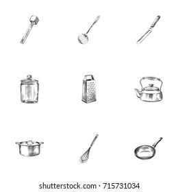 Hand Drawn Cookware Sketches Set. Collection Of Shredder, Meat Tenderizer, Kitchen Shovel And Other Sketch Elements.