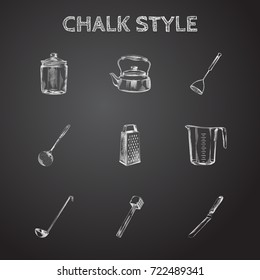 Hand Drawn Cookware Sketches Set. Collection Of Container, Kitchen Shovel, Colander Sketch Elements.