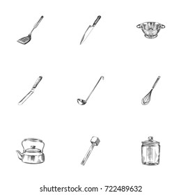 Hand Drawn Cookware Sketches Set. Collection Of Teapot, Sieve, Meat Tenderizer And Other Sketch Elements.