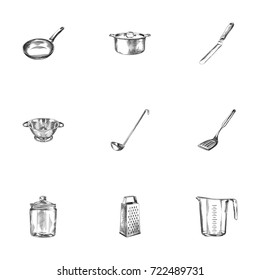 Hand Drawn Cookware Sketches Set. Collection Of Spatula, Soup Spoon, Skillet And Other Sketch Elements.