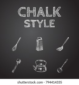 Hand Drawn Cookware Sketches Set. Collection Of Spatula, Colander, Teapot Sketch Elements.