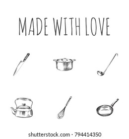 Hand Drawn Cookware Sketches Set. Collection Of Beater, Soup Spoon, Teapot And Other Sketch Elements.