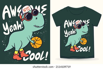 Hand drawn cool dino basketball player for t shirt