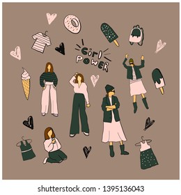 Hand drawn cool girl in hipster trendy clothes. Fashion female cartoon character isolated on background. 