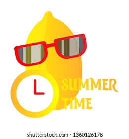 Hand Drawn cool lemon with glasses isolated on background. Vector illustration. Clock Summer time