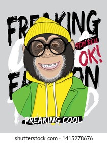 Hand drawn cool monkey illustration, vector.