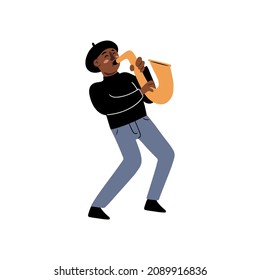 Hand drawn cool musician in felt beret expressively playing on saxophone, cartoon doodle style isolated vector illustration