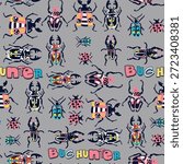 Hand drawn cool seamless pattern with bright bugs. Boys background for clothes, textiles, prints, wrapping paper, cards
